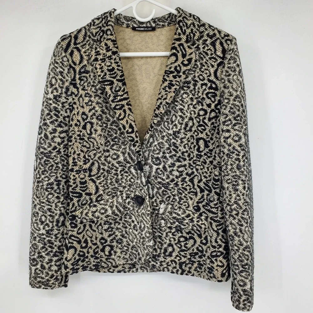 Frank Walder Leopard Print Blazer‎ Women Beige Black Button Front Jacket Size 12